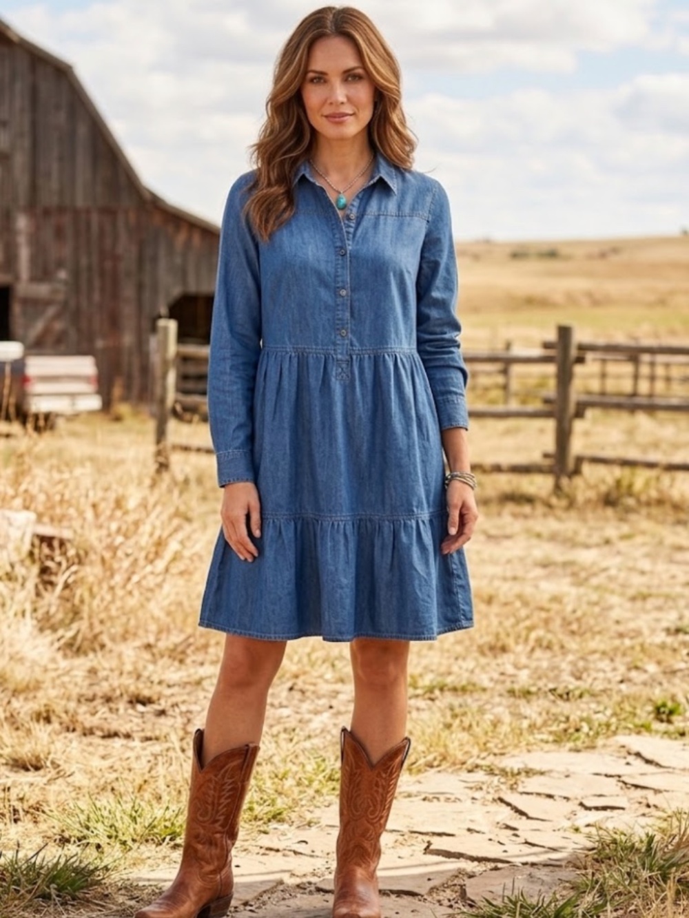 Linda Anderson Blue Denim Long Sleeve Boho Pheasant Dress Women's Size Medium